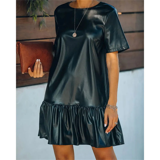 2022 Women's Black Faux PU Leather Dress Short Sleeve Loose Ruffle Elegant Mini Dresses Fashion Office Lady Clothing Vestidos