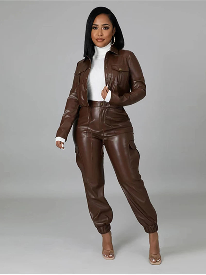 Faux Leather Two 2 Piece Sets Womens Outfits Autumn Clothing Set Vintage Jacket Crop Top and Pants Suit PU Leather Tracksuit Set