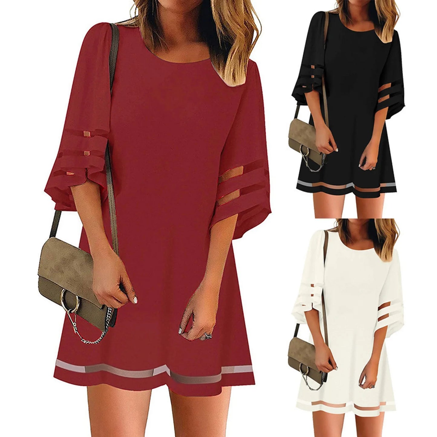 Women Black Casual Dress O Neck Mesh Panel Blouse 3/4 Bell Sleeve Loose Top Shirt Dress Lady Summer Solid Dresses Vestido