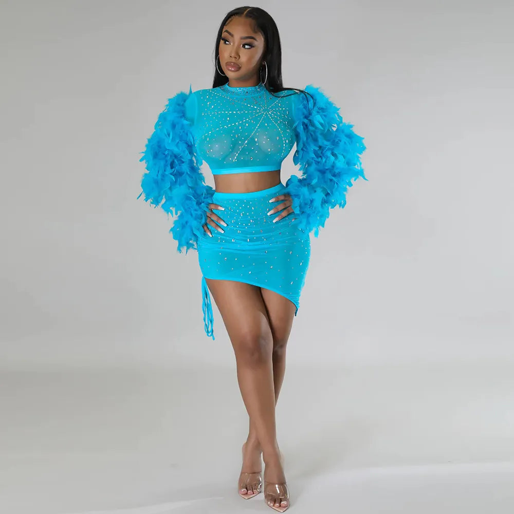 Luxurious Diamonds Feathers 2 Piece Set Women Sexy Sheer Mesh Crop Top + Mini Skirts See Through Club Party Outfits Clothes Sets