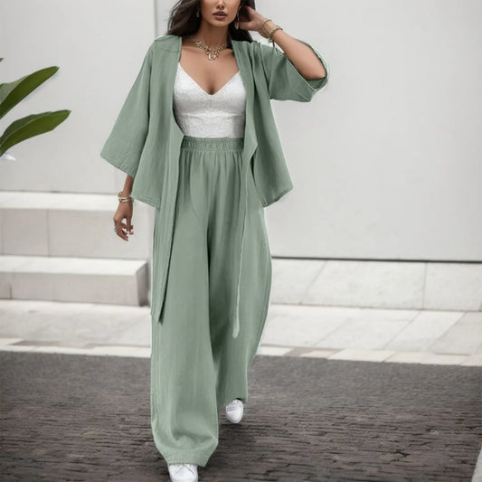 2023 New Casual Two-Piece Set Women Clothes Cardigan Top Loose Wide Leg Pants Suit Fashion 2 Piece Sets Coat And Trousers Outfit