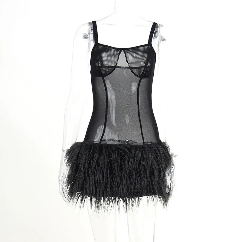Echoine Black Sexy See Through Feather Fur Patchwork Mini Dress Strap Sling Sheer Mesh Party Dresses Summer 2023 New Vestidos