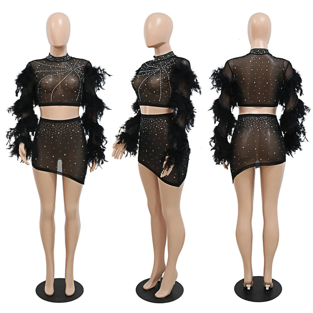 Luxurious Diamonds Feathers 2 Piece Set Women Sexy Sheer Mesh Crop Top + Mini Skirts See Through Club Party Outfits Clothes Sets