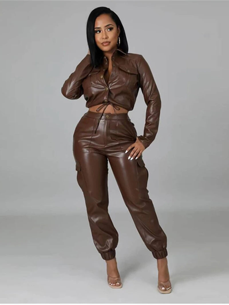 Faux Leather Two 2 Piece Sets Womens Outfits Autumn Clothing Set Vintage Jacket Crop Top and Pants Suit PU Leather Tracksuit Set